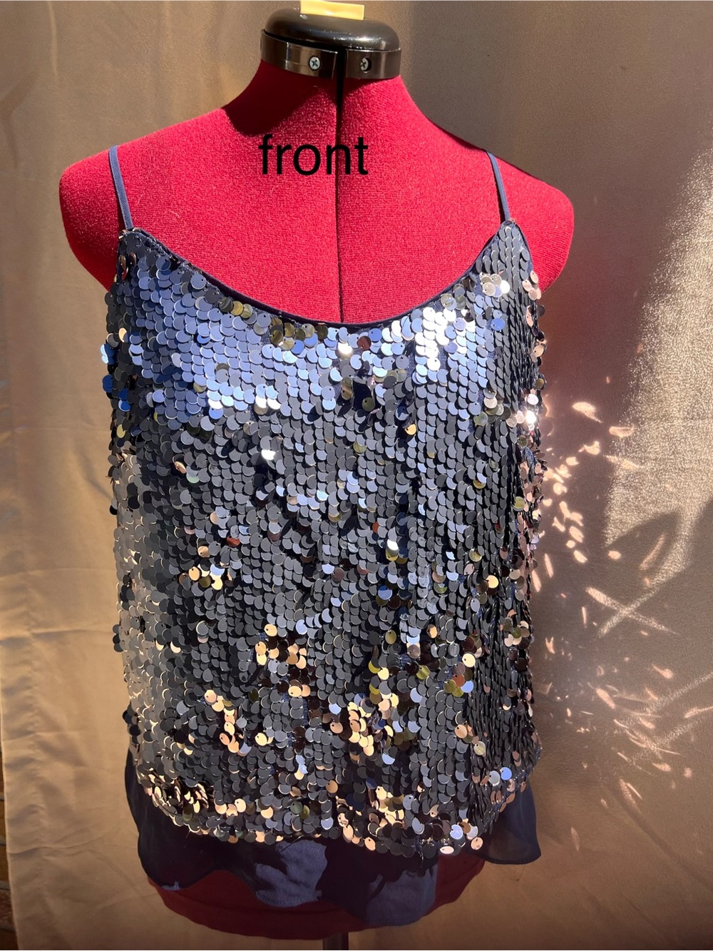 Chelsea and Violet Navy sequin spaghetti strap camisole top sheer overlay small